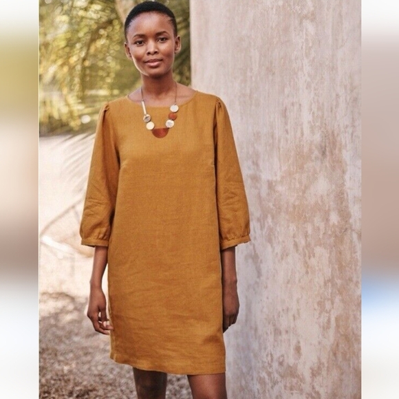 Garnet Hill Market Linen Dress Size M Mustard Gold Shift Popover Coastal Casual - Picture 2 of 16